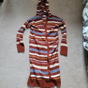 Striped Hooded Long Cardigan Sweater (S)